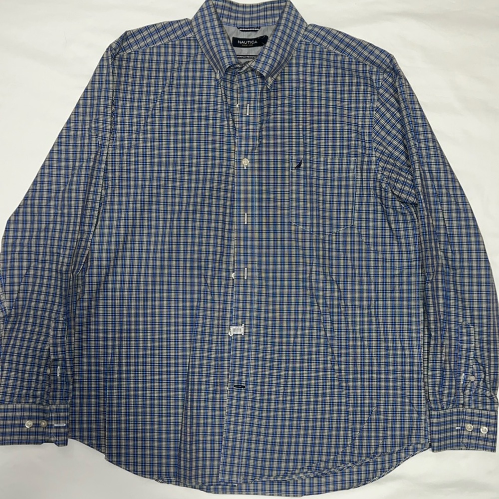 Nautica button down. Wrinkle resistant. Blue plaid
